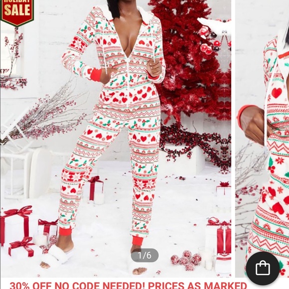 BRAND NEW! Christmas Drawstring Graphic Print Zipper Hooded Lounge Jumpsuit - Picture 2 of 5